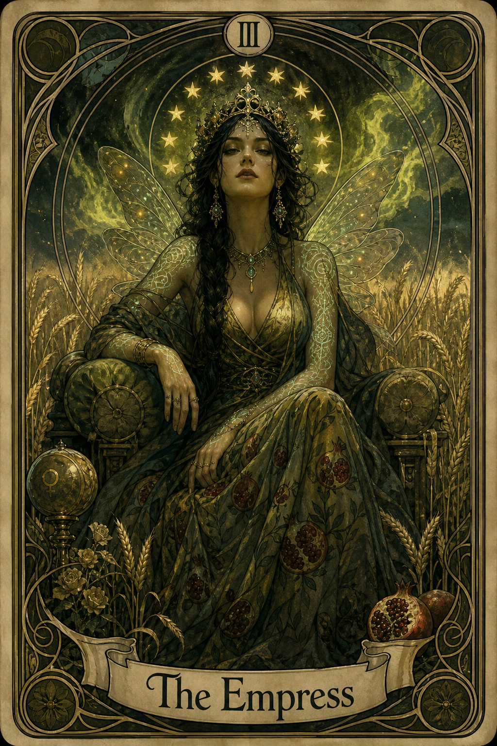A regal woman on a throne, The Empress tarot card with a lush garden backdrop and celestial halo.
