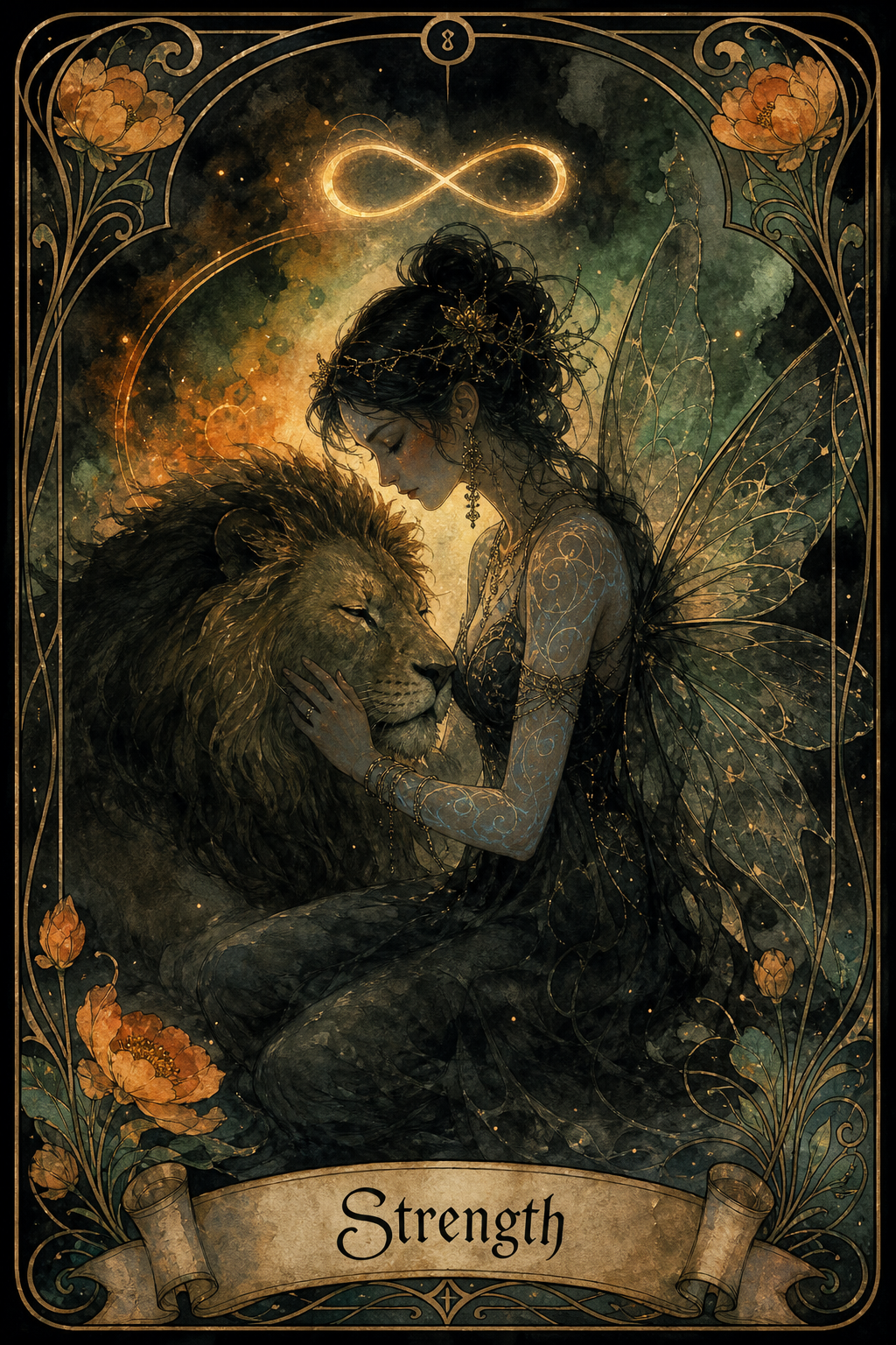 Fantasy card showing a winged woman gently touching a lion, with an infinity symbol and ornate border.