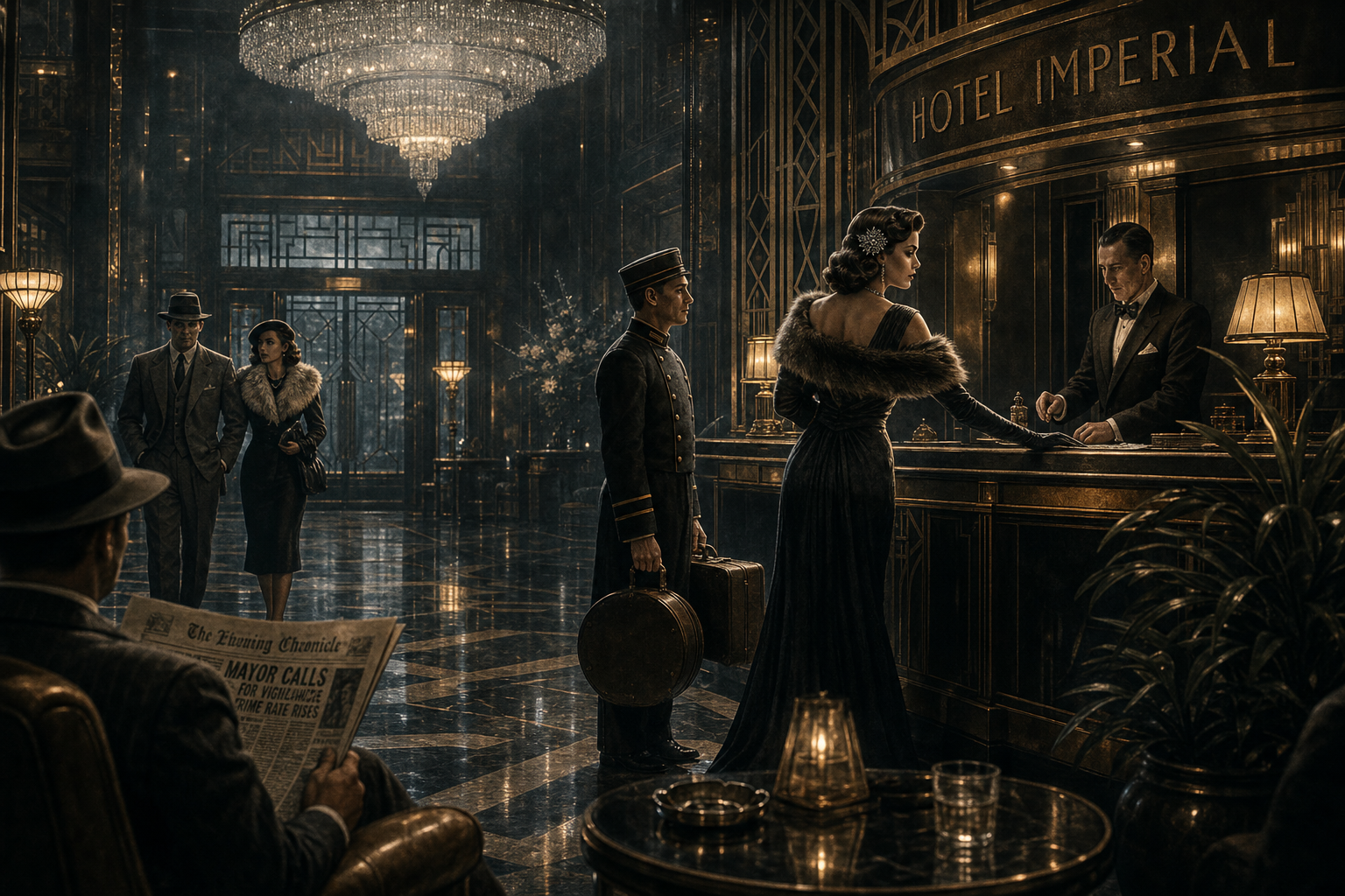 Elegant 1930s hotel lobby scene with a woman in a fur stole at a reception desk
