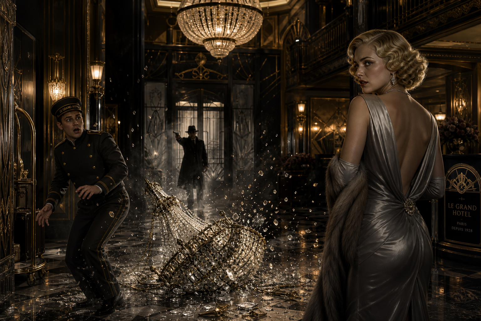 Glamorous woman in a silver evening gown stands in a marble hotel lobby as a toppled chandelier shatters on the floor.