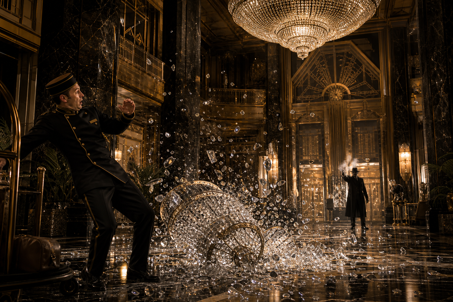 Uniformed hotel staff slipping amid shattered glass in a luxurious chandelier-lit lobby.