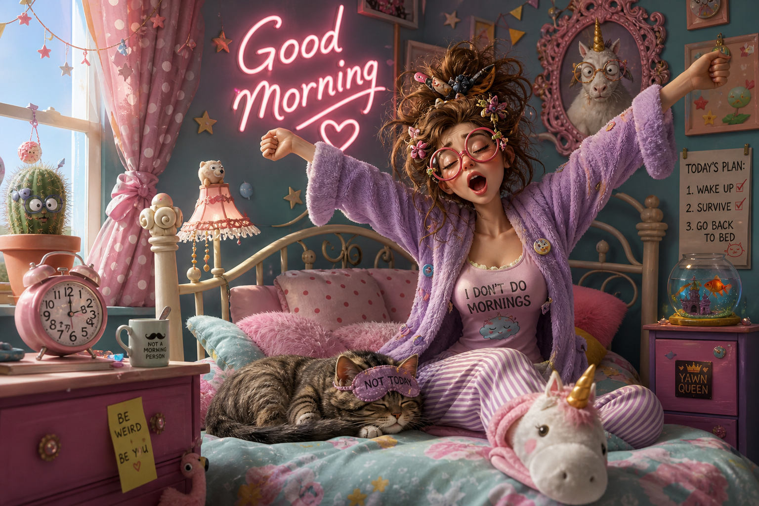 Girl in a lavender robe jumps on a pastel bed with a neon "Good Morning" sign in a whimsical pastel bedroom.