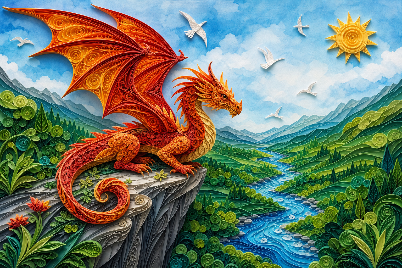 Vibrant red dragon perched on a rocky cliff above a winding river in a lush valley under a sunny blue sky.