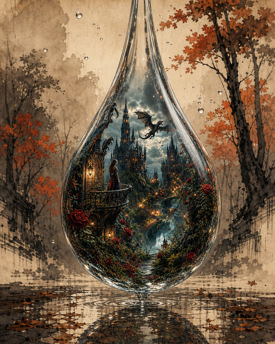 Surreal glass teardrop containing a fantasy castle, dragons, and roses, with autumn trees outside.