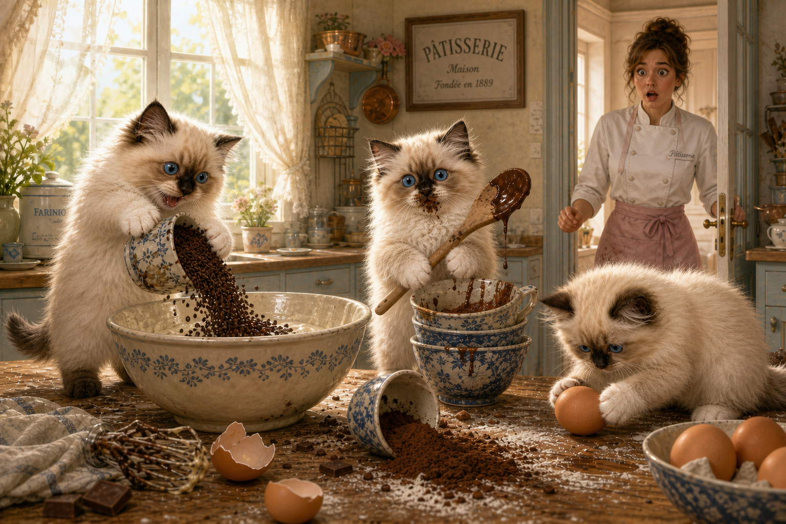 Three fluffy kittens bake in a vintage kitchen with a surprised pastry chef nearby.