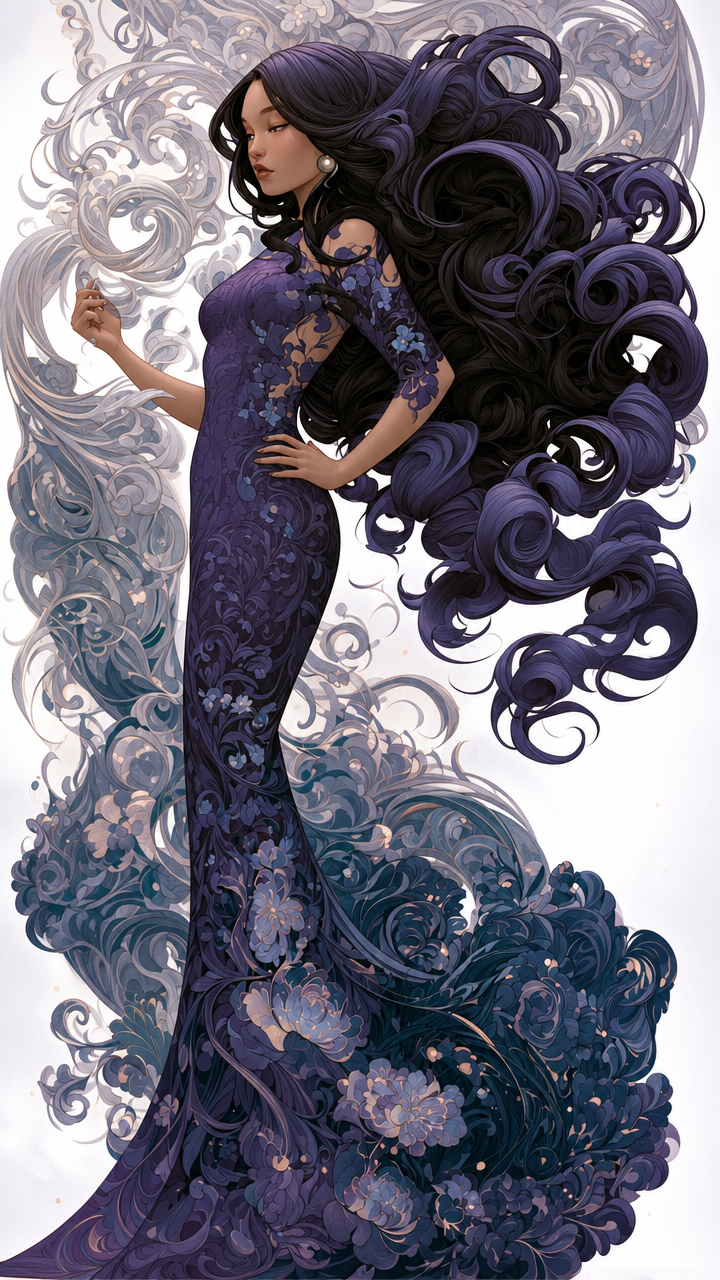 Stylized woman in a dark purple lace gown with flowing, voluminous purple-black hair and floral swirl background.