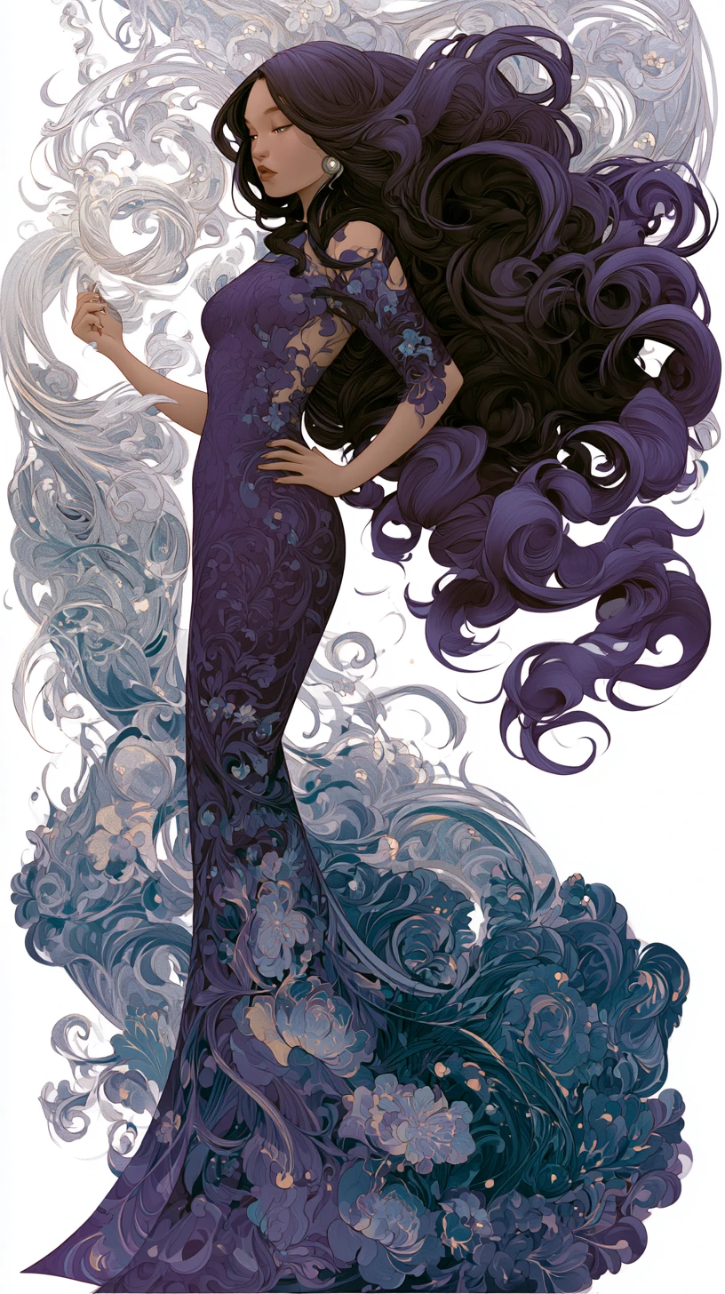 Elegant woman in a dark purple lace gown with voluminous, swirling hair and ethereal floral mist.