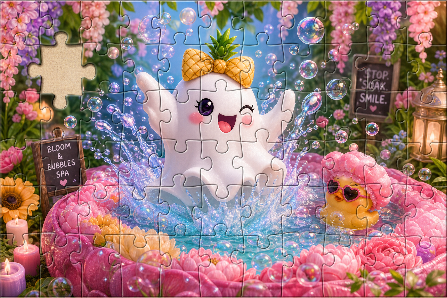 A cheerful cartoon ghost wearing a pineapple bow enjoys a bubbly pink flower-filled bath.
