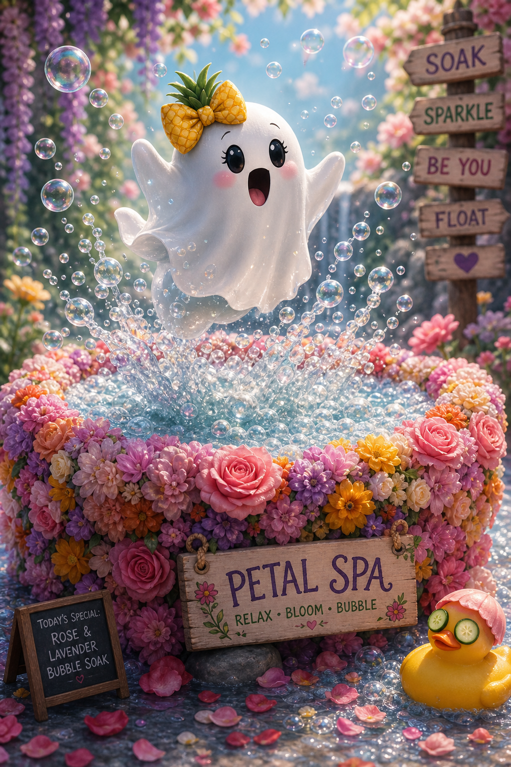 Cute cartoon ghost with pineapple hair leaps from a bubbly, flower-filled spa bath.