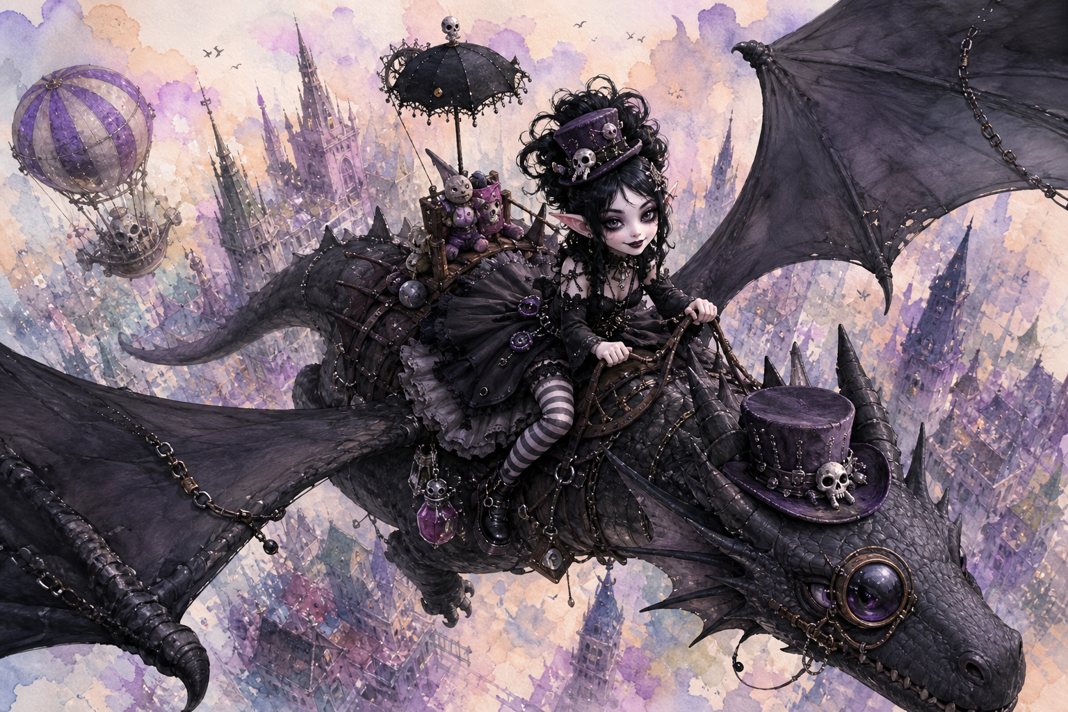 Gothic elf girl in gothic lolita fashion rides a steampunk dragon over a fantasy spired city, with a skull-adorned purple ...