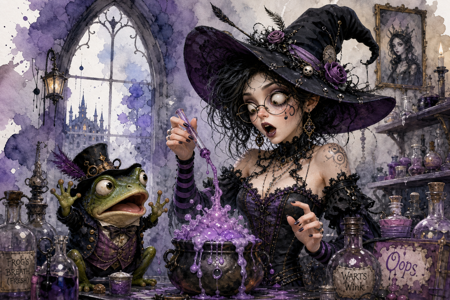 Shocked gothic witch and surprised top-hatted frog familiar watch an overflowing purple potion bubble over their cauldron ...