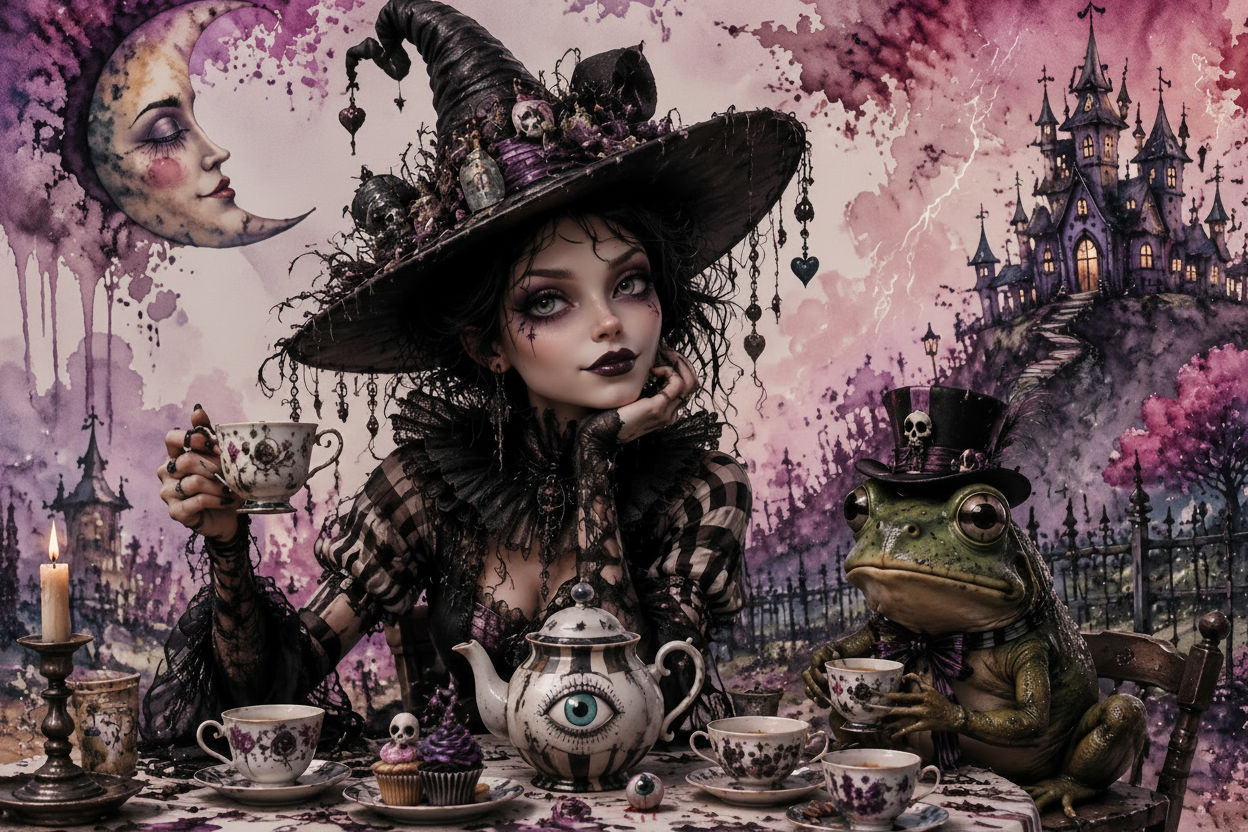 Gothic witch hosting a spooky tea party with a top-hatted frog, set against a haunted mansion and crescent moon, dark whim...