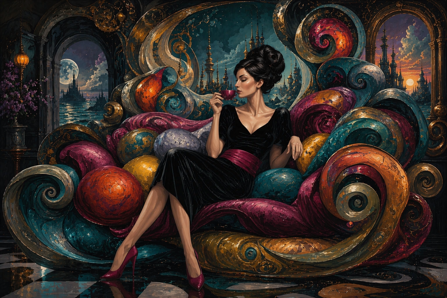 Elegant woman in black velvet dress relaxes on an ornate swirling fantasy couch, holding a teacup with magical castle view...