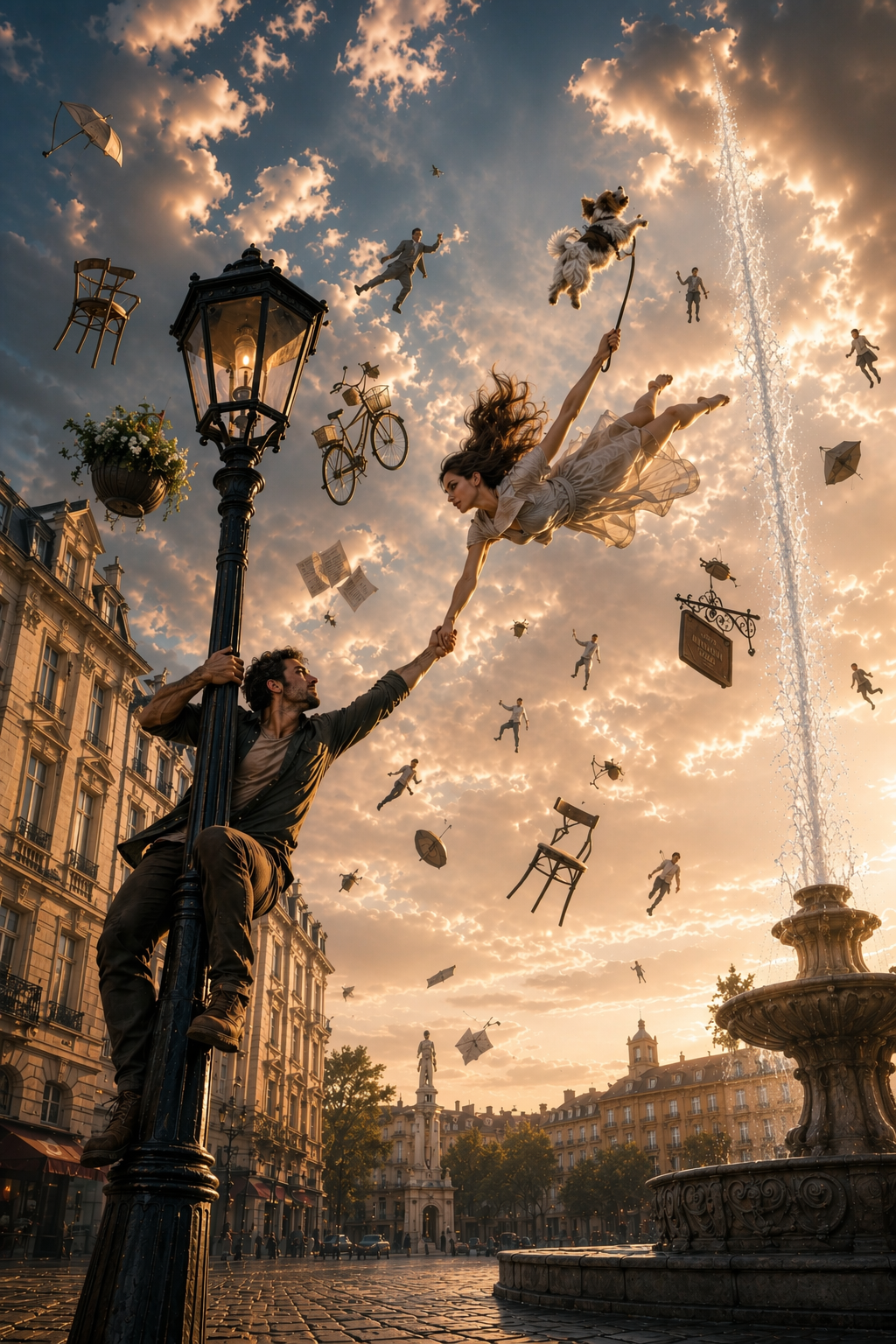 [Surreal fantasy scene: man clinging to lamppost holds hand of floating woman above historic European square at golden sun...