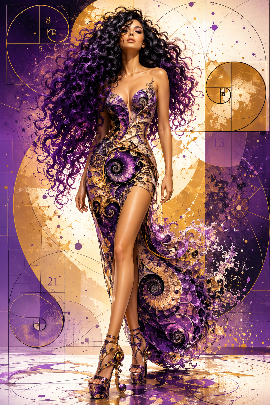 [Glamorous model with voluminous curly purple hair wears an ornate spiral couture gown against a purple and gold golden ra...