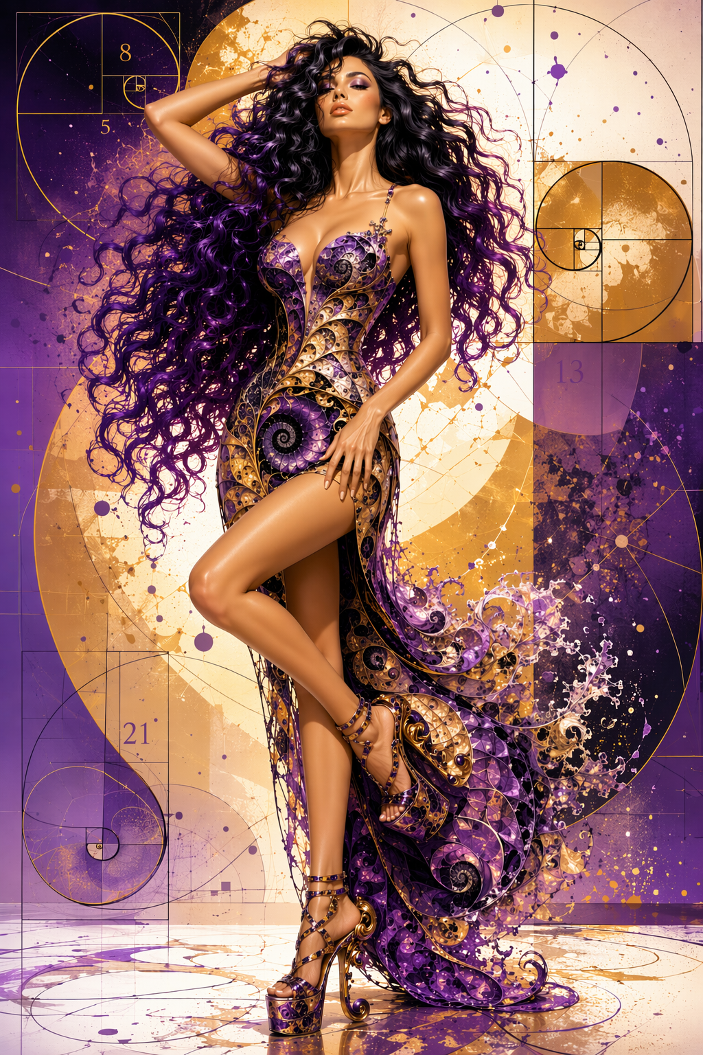 [Glamorous model with long curly purple hair wears an ornate purple-gold fibonacci gown against golden ratio geometric bac...