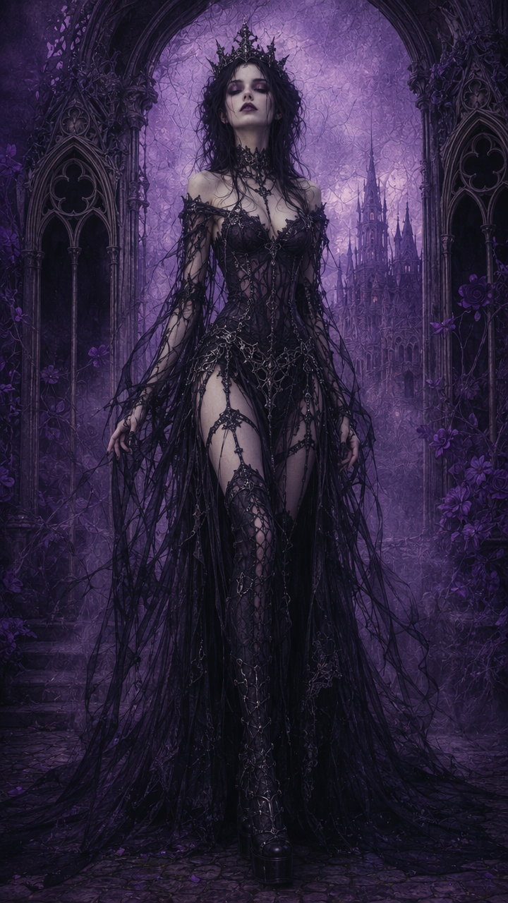 Gothic dark queen in black lace gown and spiked crown stands in an ornate stone arch, misty purple fantasy castle behind her