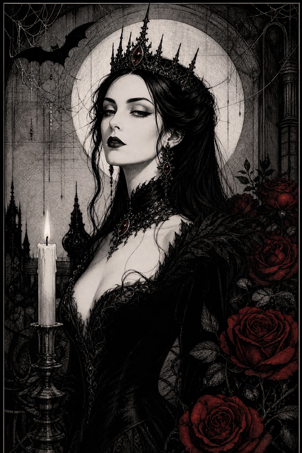 Gothic vampire queen portrait, spiked ruby crown, red roses, lit candle, glowing full moon dark fantasy illustration