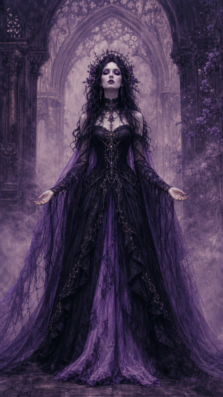 Regal gothic dark queen in elaborate black purple gown stands in misty ornate cathedral archway, eyes closed with outstret...