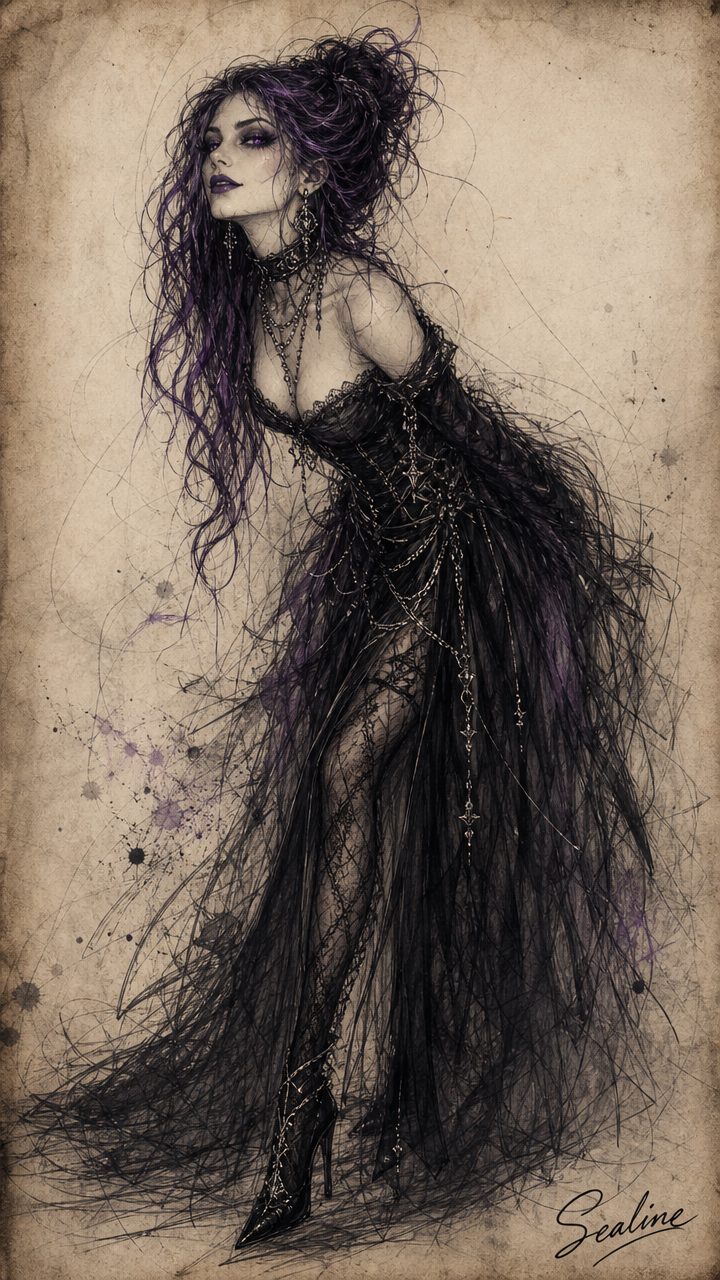 Ink sketch of elegant gothic woman with purple hair in an ornate black tulle gown, on vintage aged parchment background