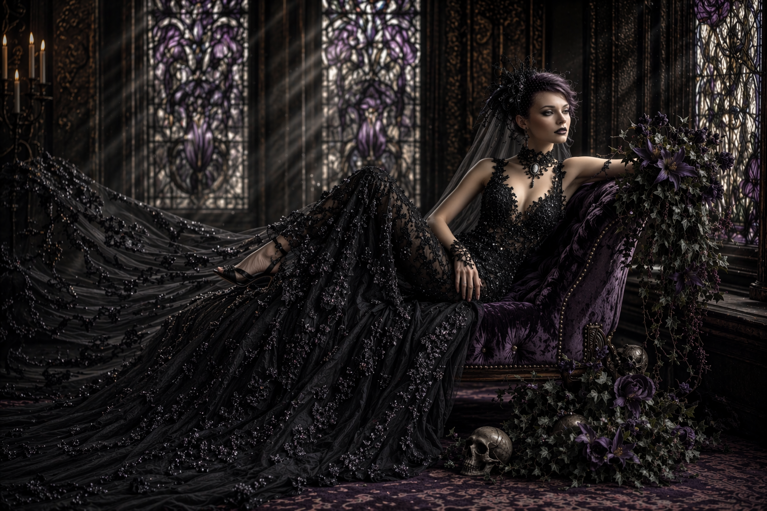 Gothic bride in an intricate black lace gown reclines on a purple velvet chaise in a dark castle with stained glass windows.