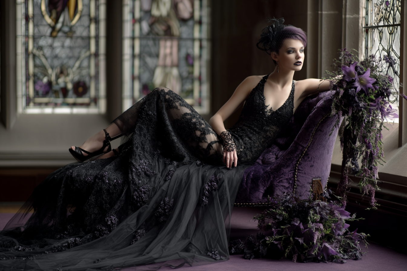 Gothic woman with purple hair in a black lace gown reclines on a purple velvet chaise beside stained glass church windows.