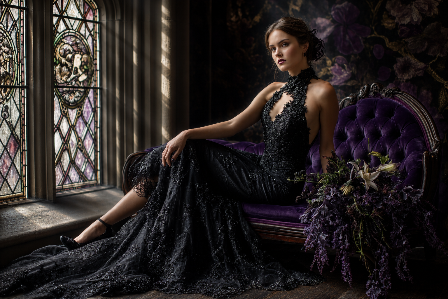Poised woman in an elaborate black lace gown sits on a purple velvet chaise beside a gothic stained glass window.