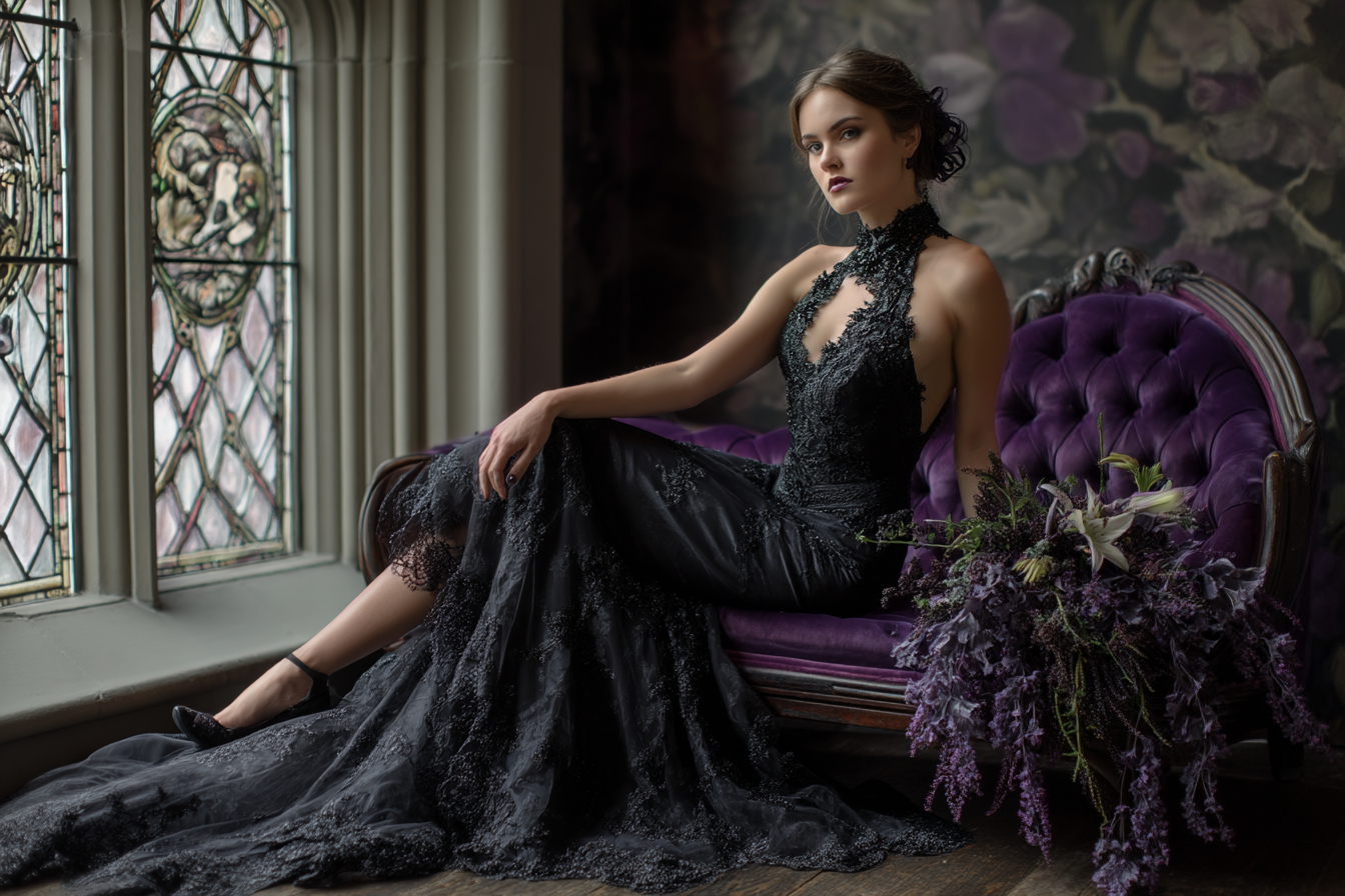 Poised woman in an intricate black lace gown sits on a tufted purple vintage settee beside a gothic stained glass window.