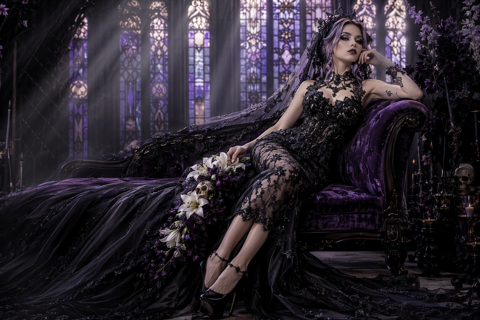 Gothic bride with lavender hair in a black lace gown reclines on a purple velvet chaise before stained glass windows.