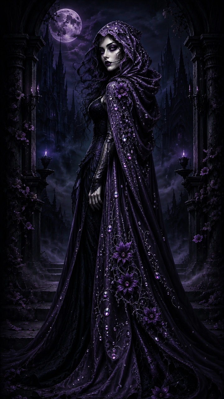 Undead gothic sorceress in jeweled purple hooded cloak stands under a glowing full moon at a misty haunted castle archway.