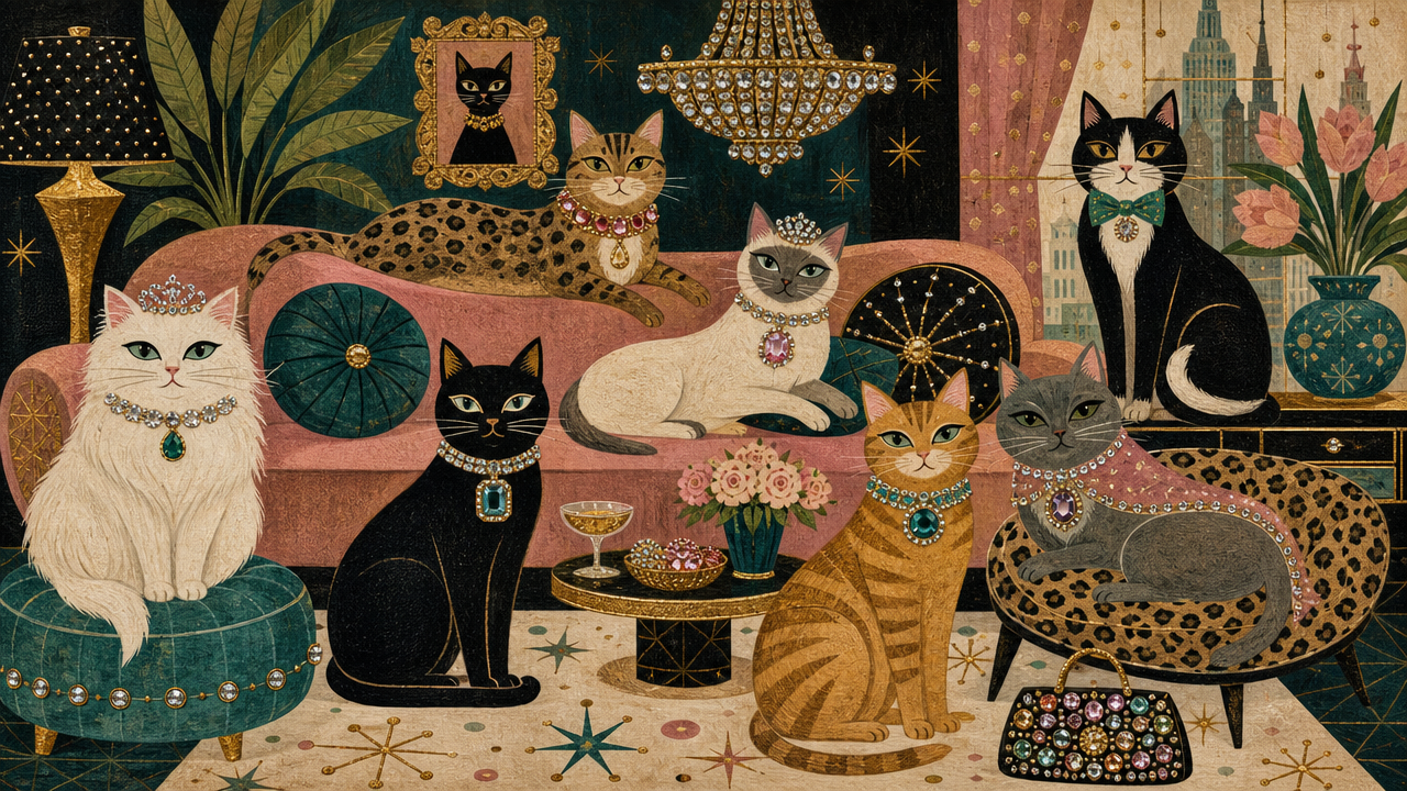 Folk art illustration of fancy jewel-adorned cats gathered in a glamorous retro luxury living room