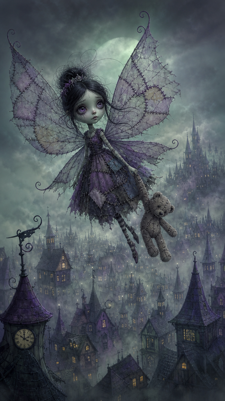 [Big-eyed gothic fairy with stitched tattered purple wings holds a stuffed teddy, floating over a misty spire fantasy city...