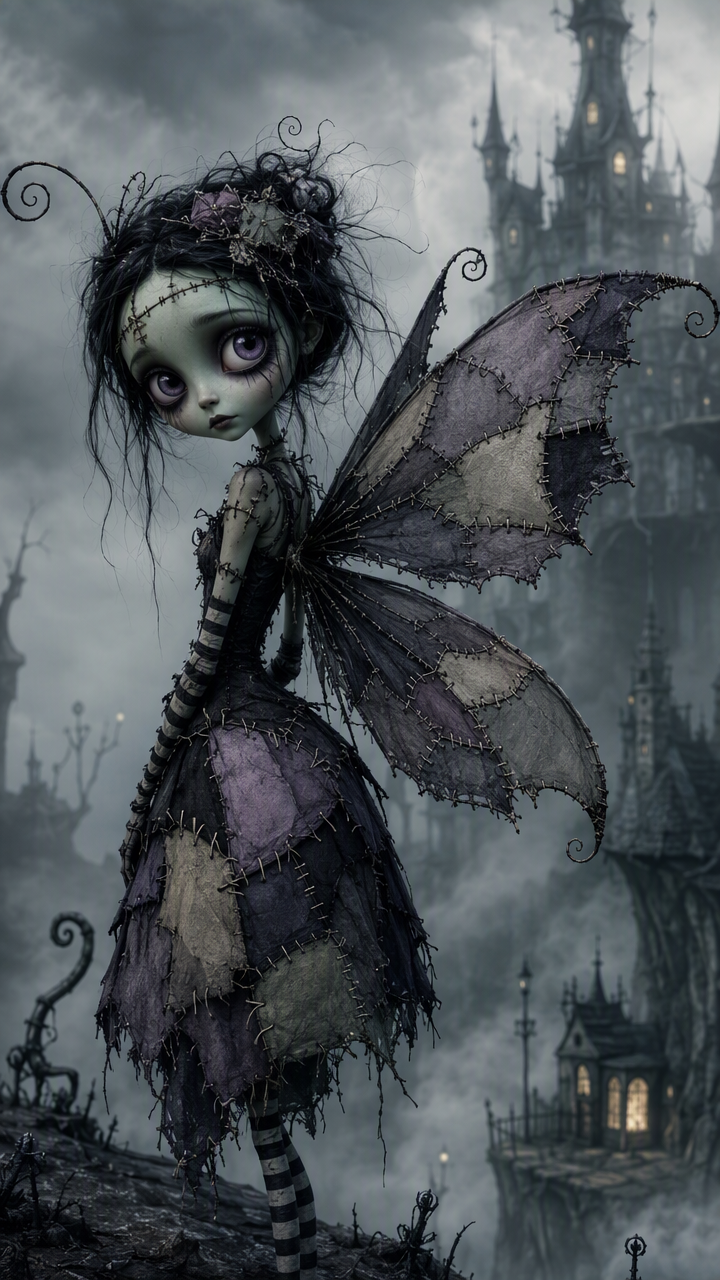 Gothic stitched patchwork fairy character in Tim Burton aesthetic, standing before a misty haunted castle landscape