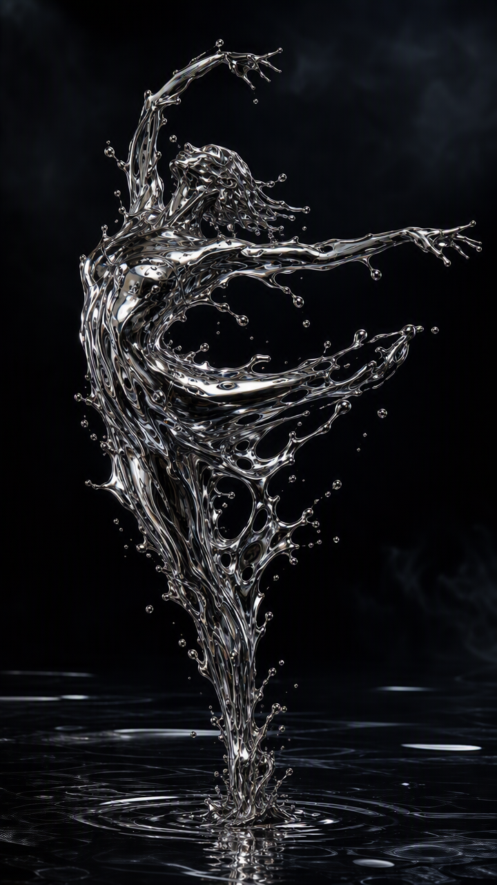 [Surreal dancing ballerina figure formed from splashing liquid silver rising from rippling dark water against a black back...