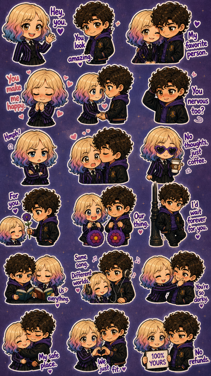 [Chibi sticker sheet of a cute romantic fandom couple in matching purple uniforms, featuring sweet relationship dialogue s...