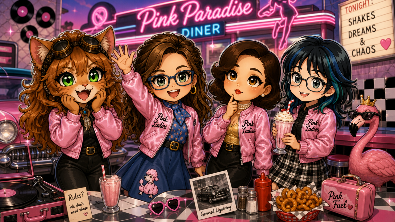 [Chibi illustration of the Pink Ladies crew, including a cat anthro character, gathered at the retro neon Pink Paradise Di...