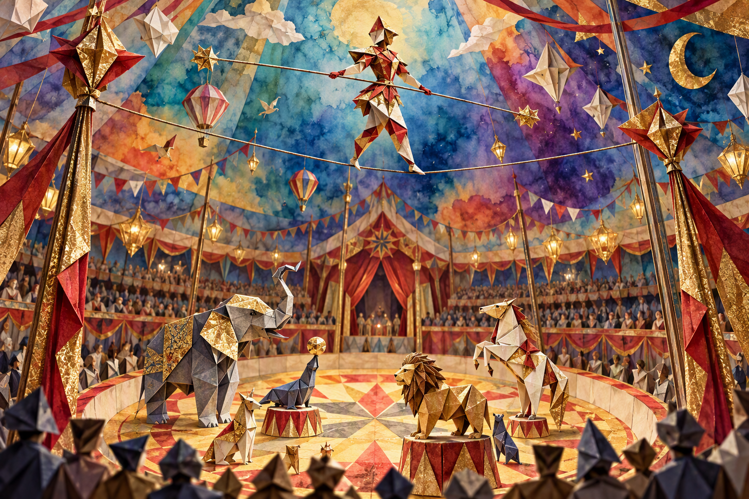 Origami tightrope acrobat performs above a whimsical folded-paper circus ring with animal acts