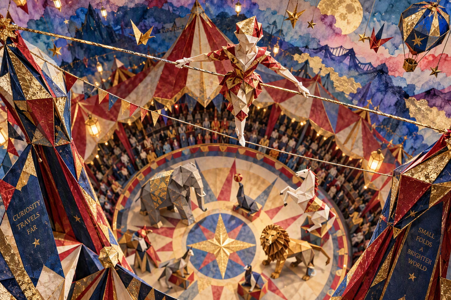 Origami harlequin tightrope walker performs above a whimsical folded paper circus diorama