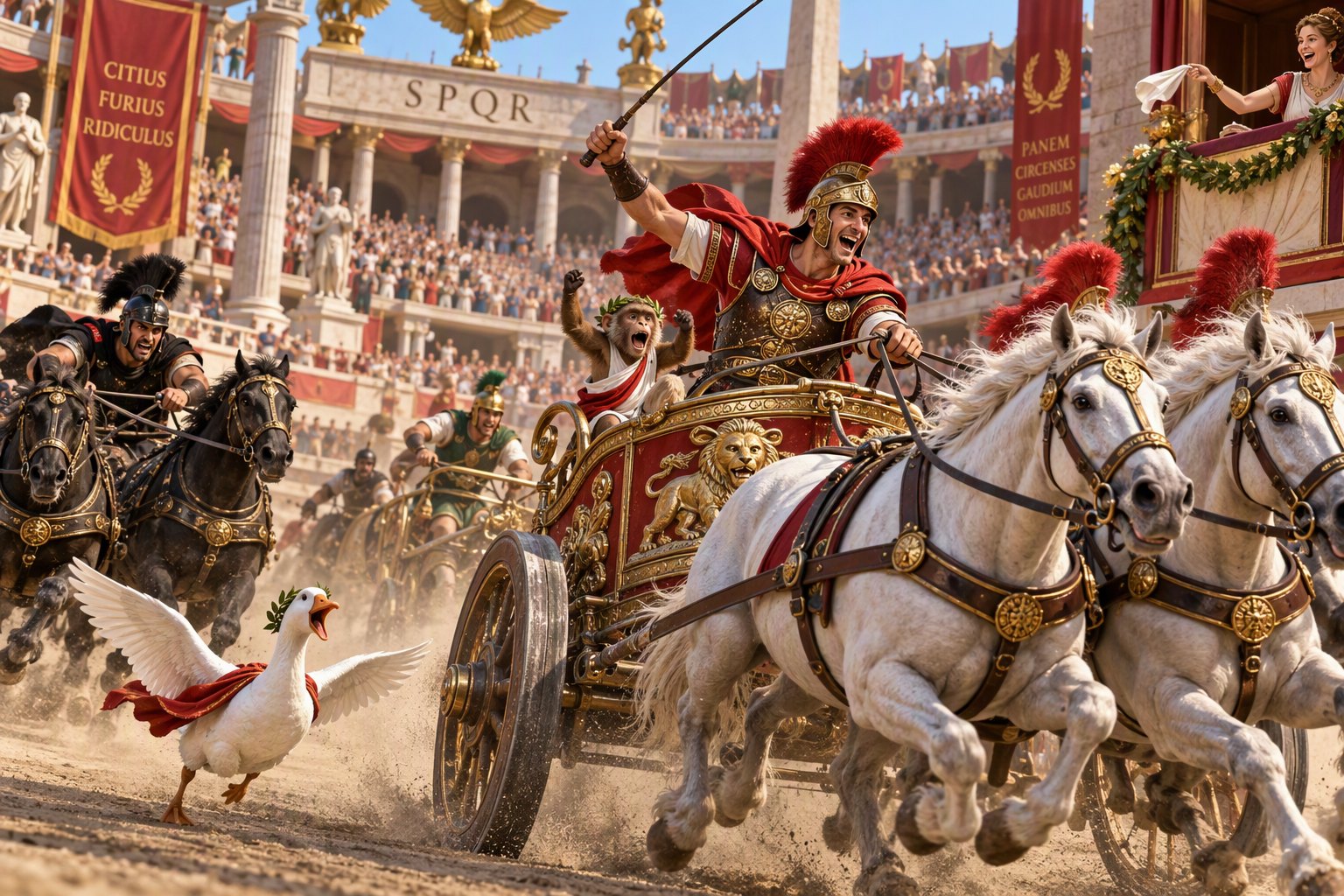 Chaotic humorous Roman chariot race unfolds in a crowded colosseum, complete with a racing goose and cheering monkey