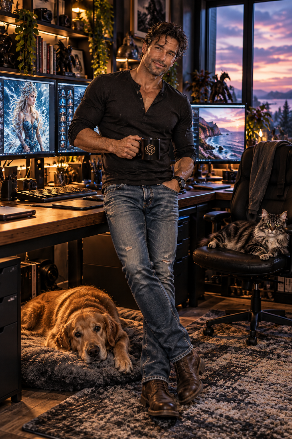 Handsome male digital creator leans on his home studio desk, accompanied by his golden retriever and tabby cat at golden