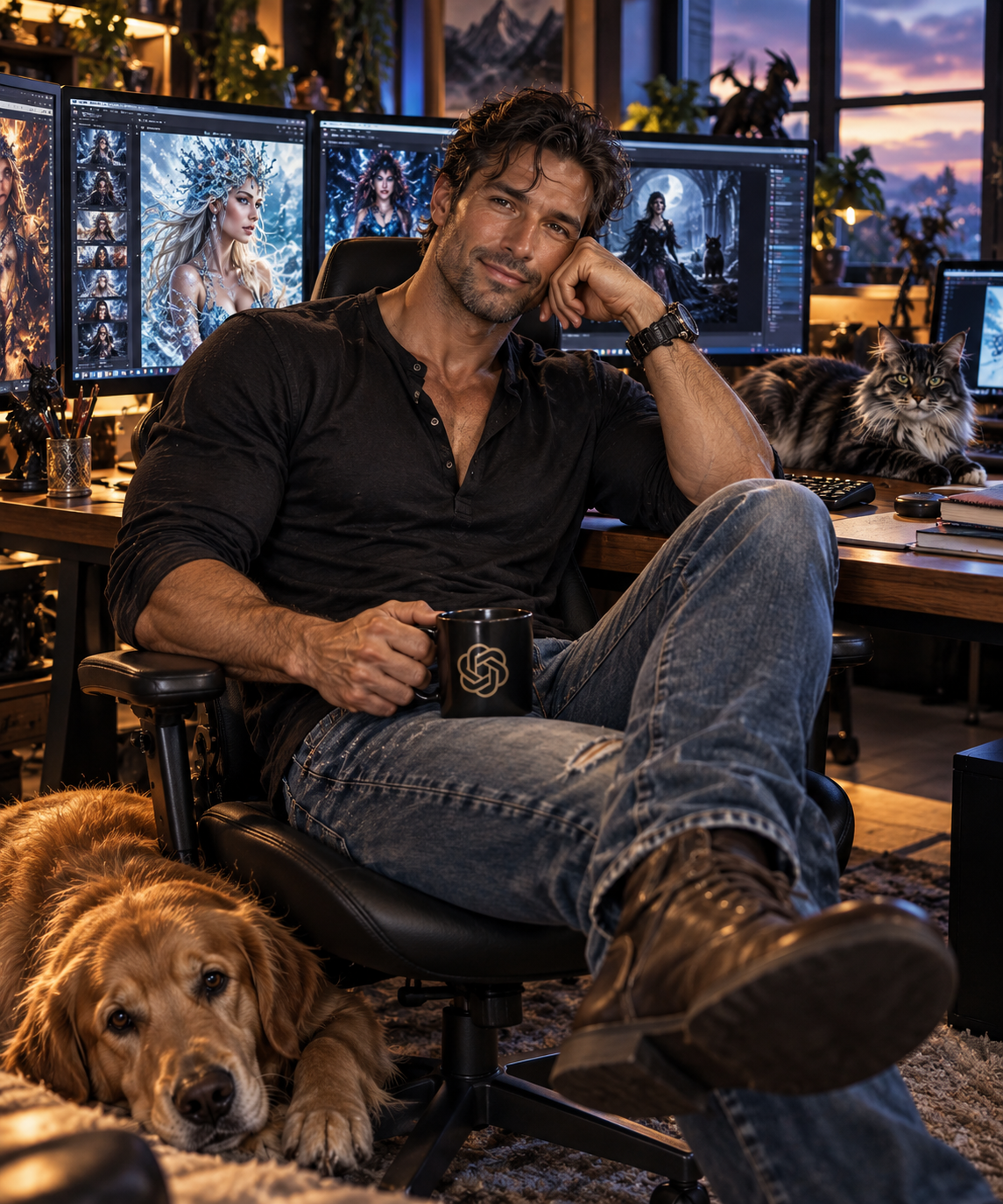 Handsome male digital artist relaxes in his home office with a golden retriever and tabby cat at his multi-monitor