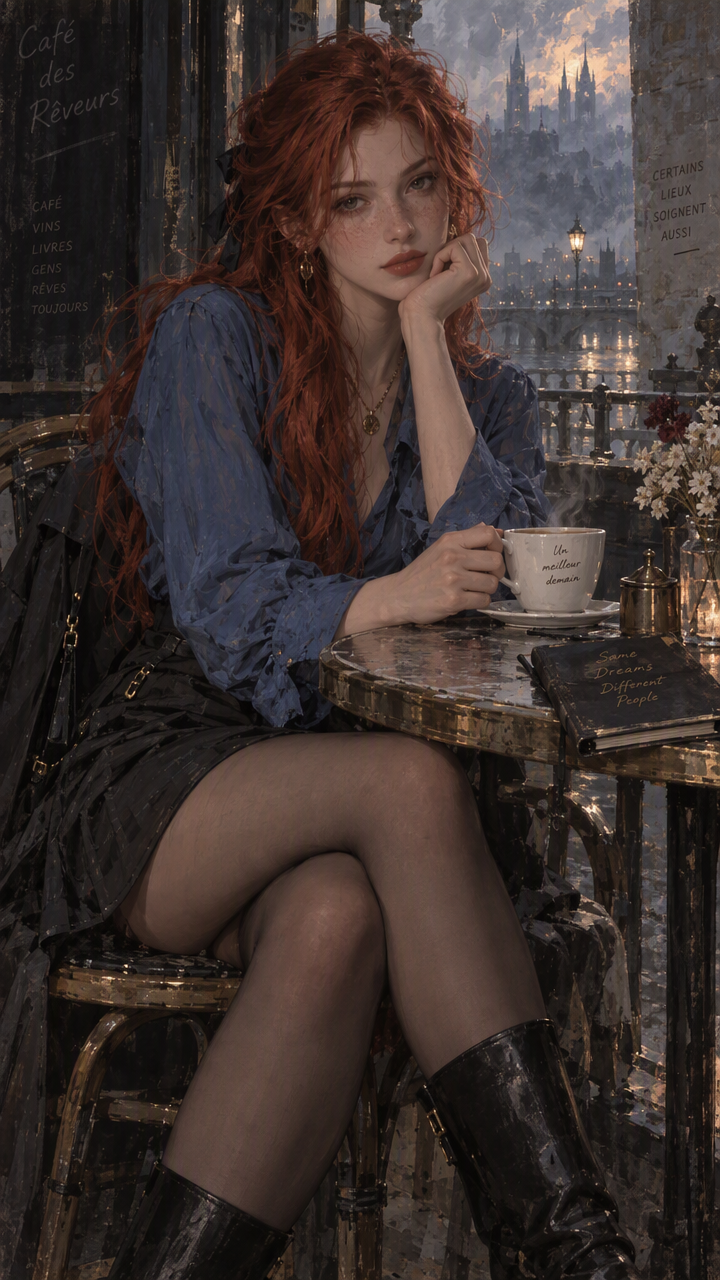 Pensive freckled red-haired woman sits at a rainy Parisian cafe balcony holding a coffee cup at twilight