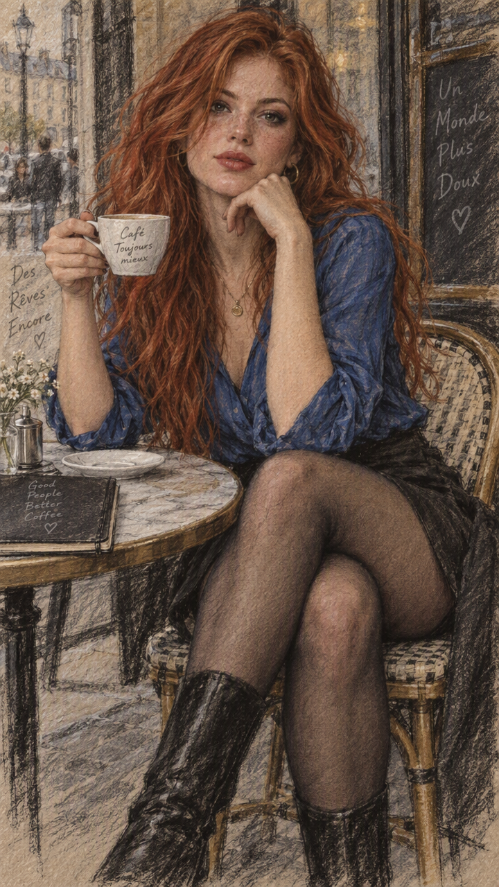 Red haired woman holding a coffee cup seated at a Parisian outdoor cafe table