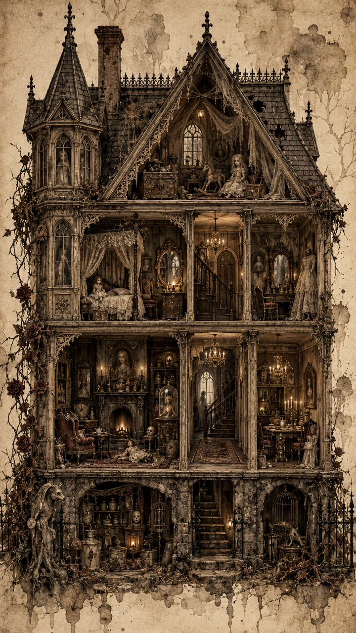 Cross-section view of an ornate decaying gothic haunted dollhouse — AI ...