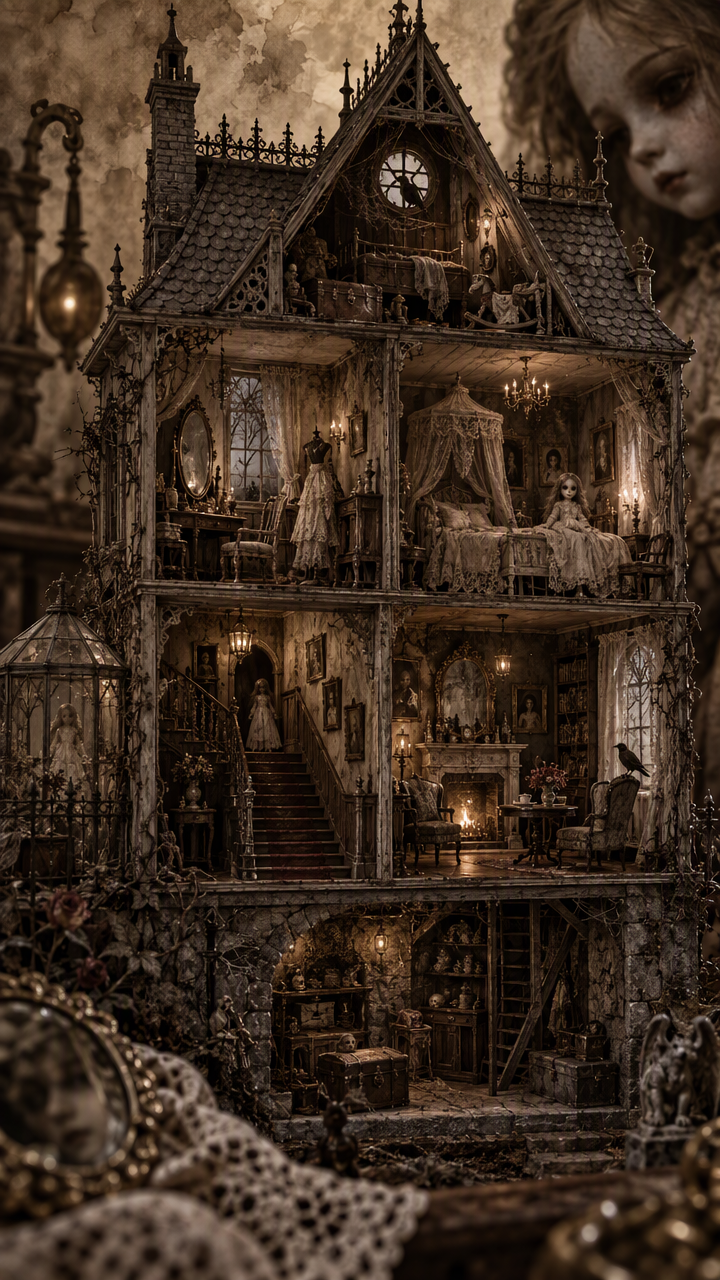 Cross-section view of an ornate decaying gothic haunted dollhouse — AI ...