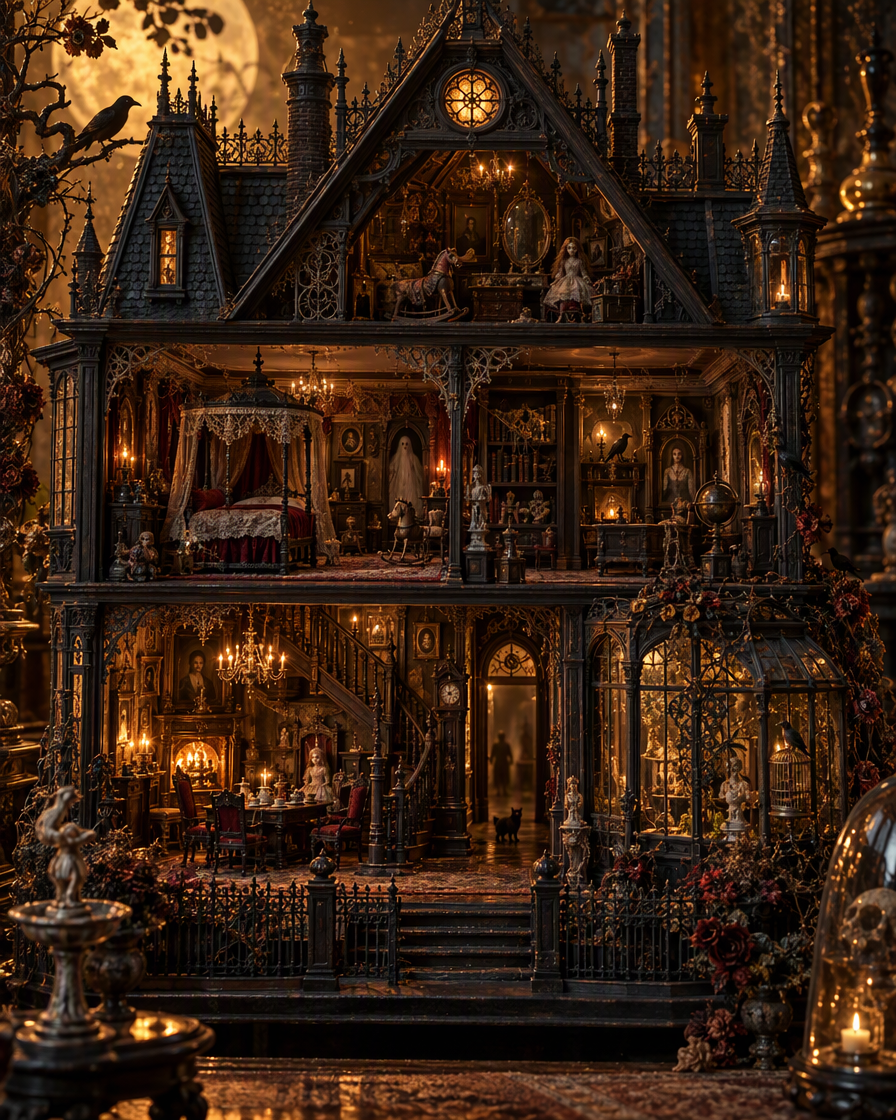 Cross-section view of an ornate decaying gothic haunted dollhouse — AI ...
