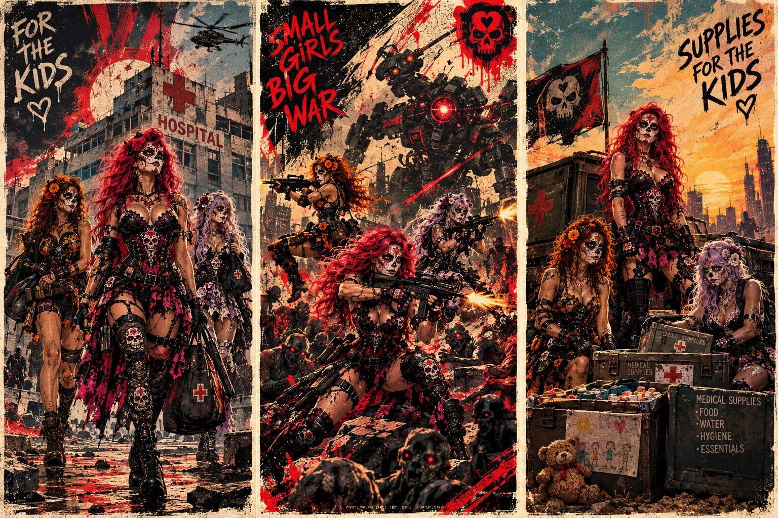 Grungy comic triptych of sugar skull warrior women navigating a post apocalyptic war zone to deliver supplies for kids