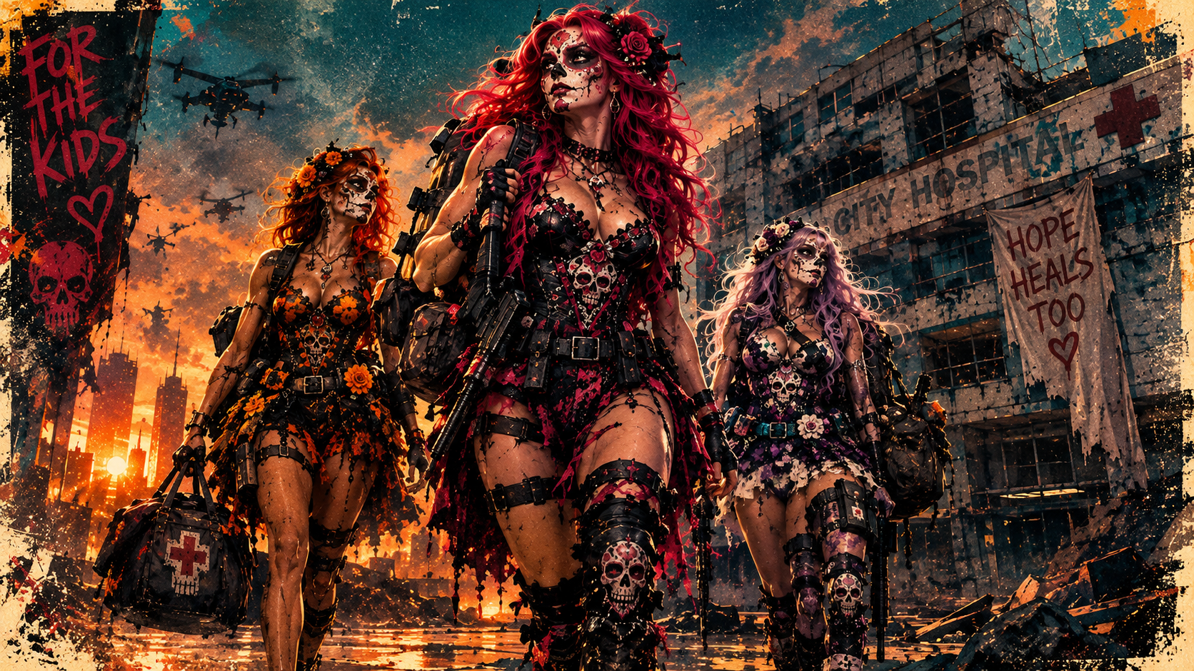Three armed Day of the Dead styled women walk through a ruined post-apocalyptic city at sunset