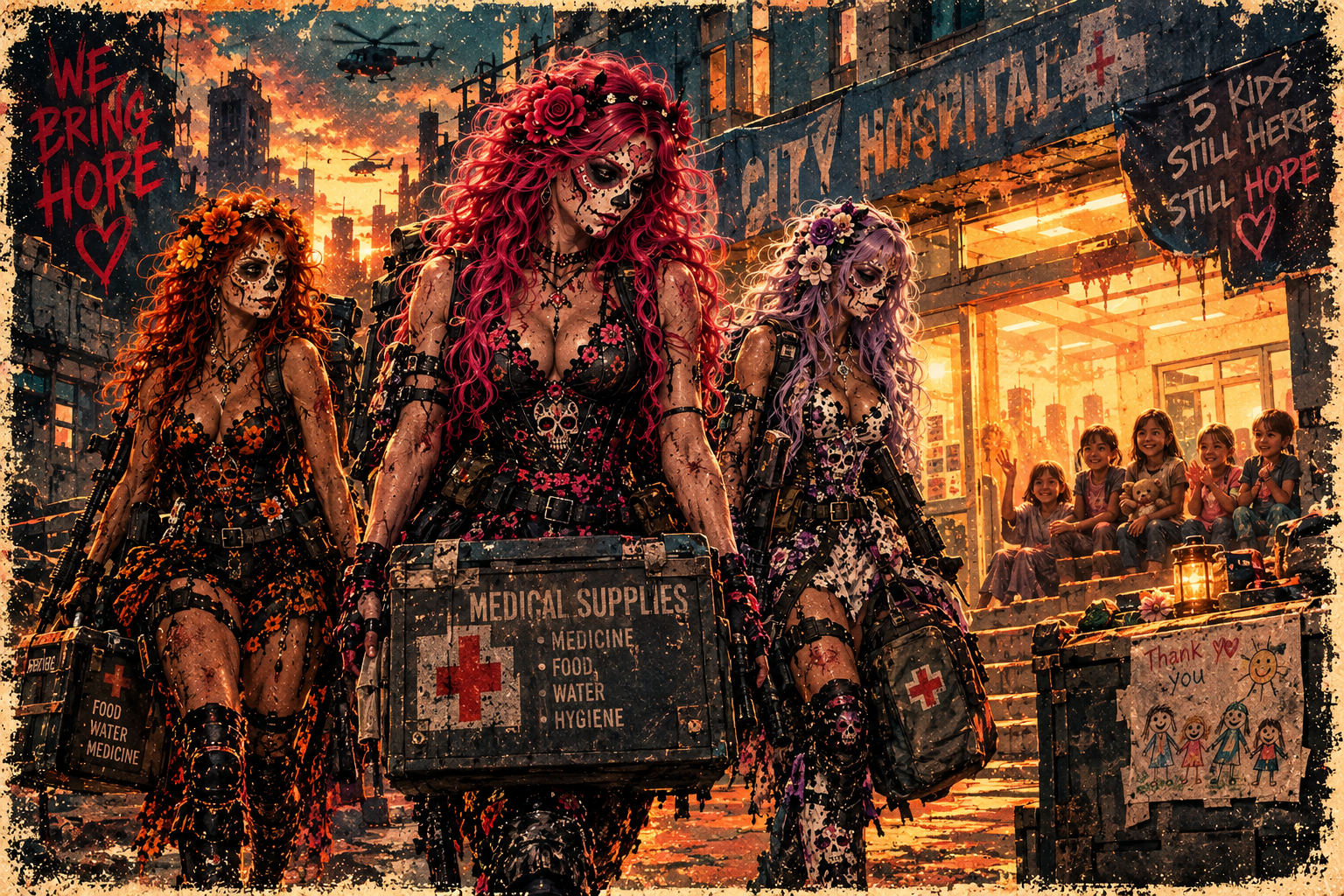 Three sugar skull medic women carry medical supplies from a post-apocalyptic city hospital as grateful children wave