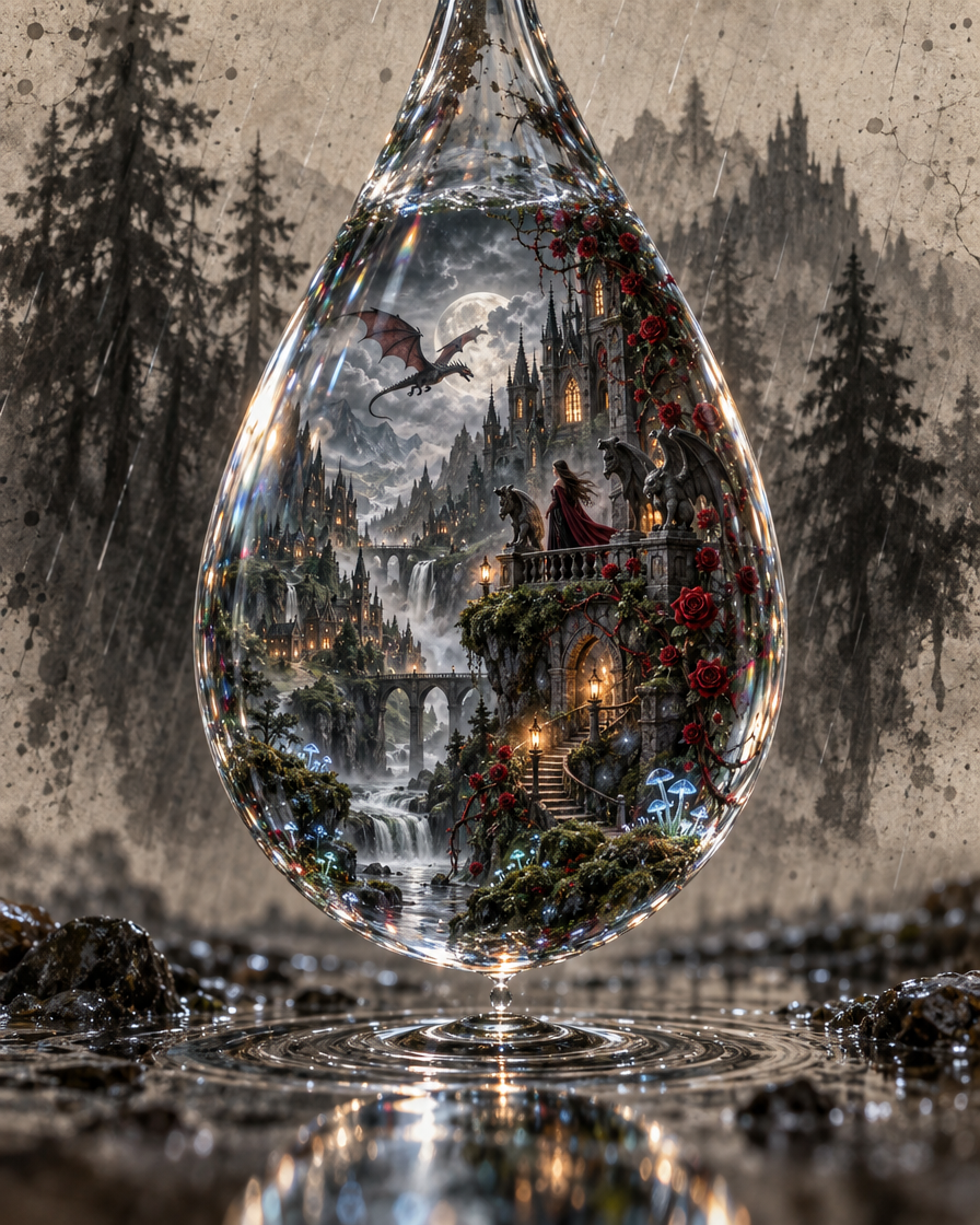 Glass teardrop holding a detailed dark fantasy medieval realm with castles, dragon, and robed figure rests on rippling rain
